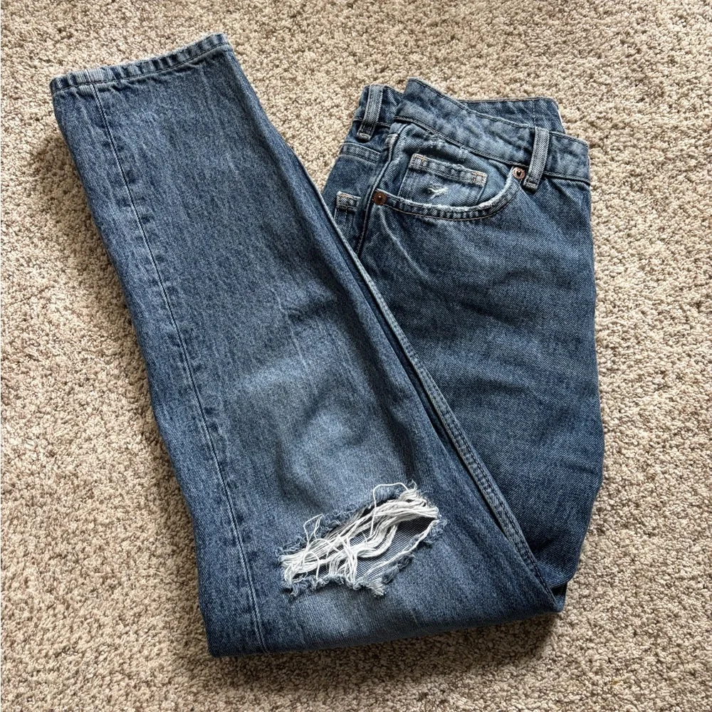 Zara Jeans Womens Blue Denim Cotton High Rise Distressed Straight Leg Size 6 - Picture 9 of 9